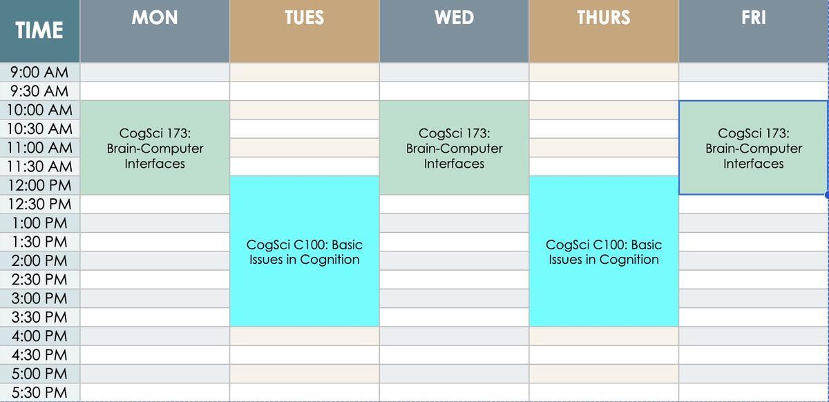 Weekly schedule of all classes required for the Minor in Cognitive Science and the Future of Tech