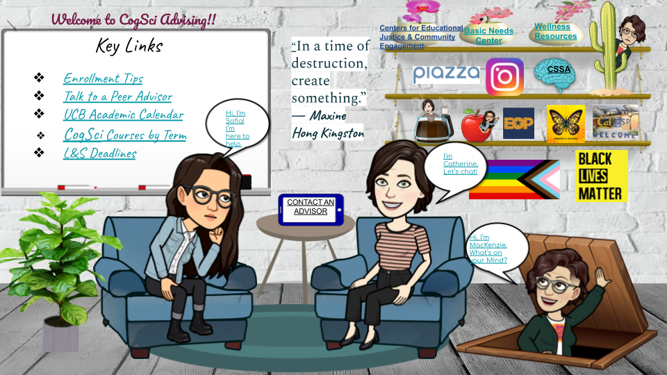 Image of a virtual front desk. Features bitmojis of all three cognitive science advisors.